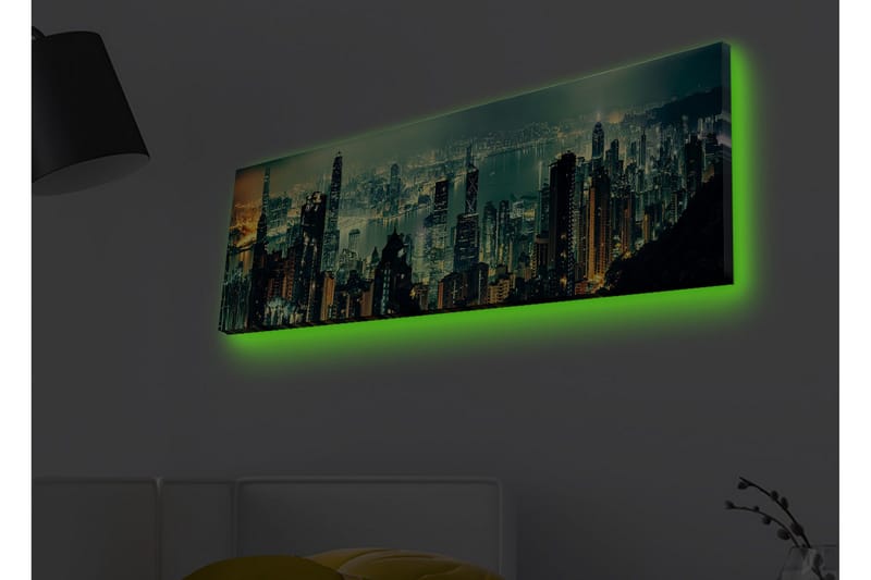 Canvas-taulu LED-valaistuksella - Upea kaupunkinäkymä pilvenpiirtäjillä yövalossa - Tummanvihreä / Kulta / Sininen - Sisustustuotteet - Taulu & taide - Canvas-taulu