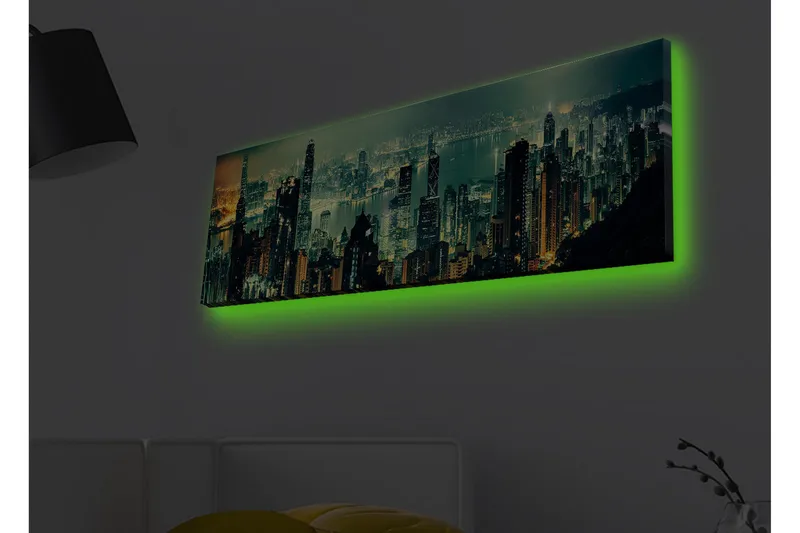 Canvas-taulu LED-valaistuksella - Upea kaupunkinäkymä pilvenpiirtäjillä yövalossa - Tummanvihreä / Kulta / Sininen - Sisustustuotteet - Taulu & taide - Canvas-taulu
