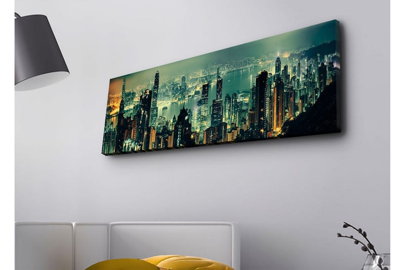 Canvas-taulu LED-valaistuksella - Upea kaupunkinäkymä pilvenpiirtäjillä yövalossa, Tummanvihreä / Kulta / Sininen