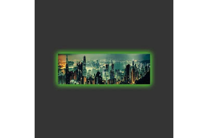 Canvas-taulu LED-valaistuksella - Upea kaupunkinäkymä pilvenpiirtäjillä yövalossa - Tummanvihreä / Kulta / Sininen - Sisustustuotteet - Taulu & taide - Canvas-taulu