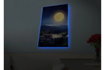Canvas-taulu LED-valaistuksella - Upea kuu kaukaisen vuoristomaiseman yllä, kukat etualalla - Tummansininen / Keltainen / Violetti - Sisustustuotteet - Taulu & taide - Canvas-taulu