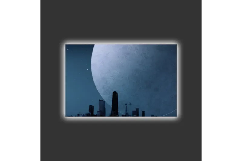 Canvas-taulu LED-valaistuksella - Upea kuu kaupungin siluetin yllä hämärässä - Tummansininen / Harmaa / Musta - Sisustustuotteet - Taulu & taide - Canvas-taulu