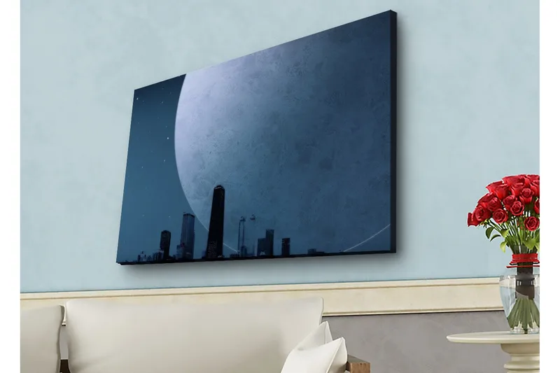 Canvas-taulu LED-valaistuksella - Upea kuu kaupungin siluetin yllä hämärässä - Tummansininen / Harmaa / Musta - Sisustustuotteet - Taulu & taide - Canvas-taulu