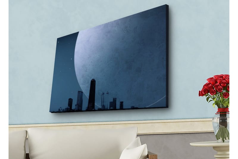 Canvas-taulu LED-valaistuksella - Upea kuu kaupungin siluetin yllä hämärässä - Tummansininen / Harmaa / Musta - Sisustustuotteet - Taulu & taide - Canvas-taulu