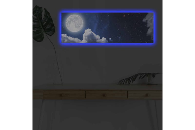 Canvas-taulu LED-valaistuksella - Upea kuu loistaa tähtitaivaan yllä pilvien keskellä, Tummansininen / Valkoinen / Harmaa