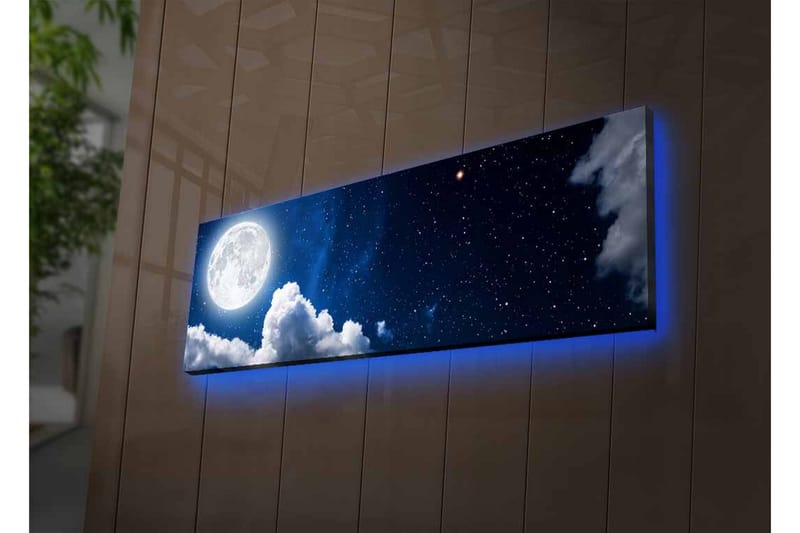 Canvas-taulu LED-valaistuksella - Upea kuu loistaa tähtitaivaan yllä pilvien keskellä - Tummansininen / Valkoinen / Harmaa - Sisustustuotteet - Taulu & taide - Canvas-taulu