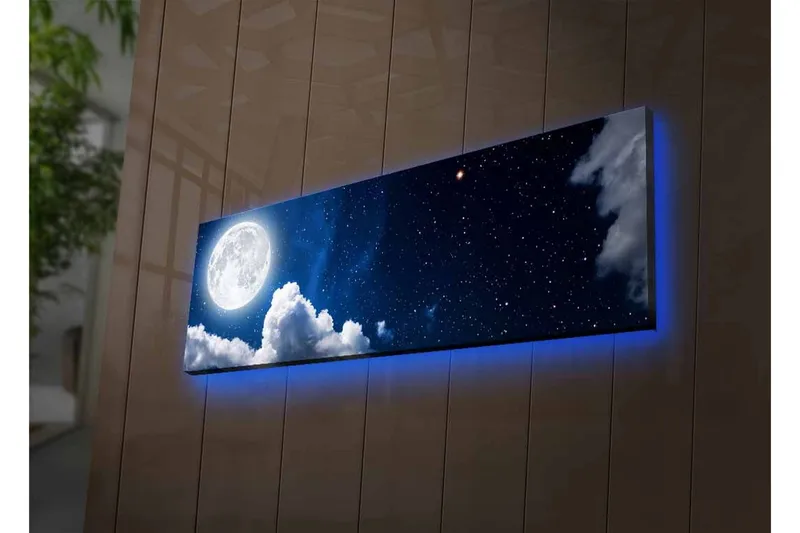 Canvas-taulu LED-valaistuksella - Upea kuu loistaa tähtitaivaan yllä pilvien keskellä - Tummansininen / Valkoinen / Harmaa - Sisustustuotteet - Taulu & taide - Canvas-taulu