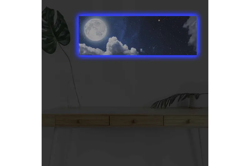 Canvas-taulu LED-valaistuksella - Upea kuu loistaa tähtitaivaan yllä pilvien keskellä, Tummansininen / Valkoinen / Harmaa