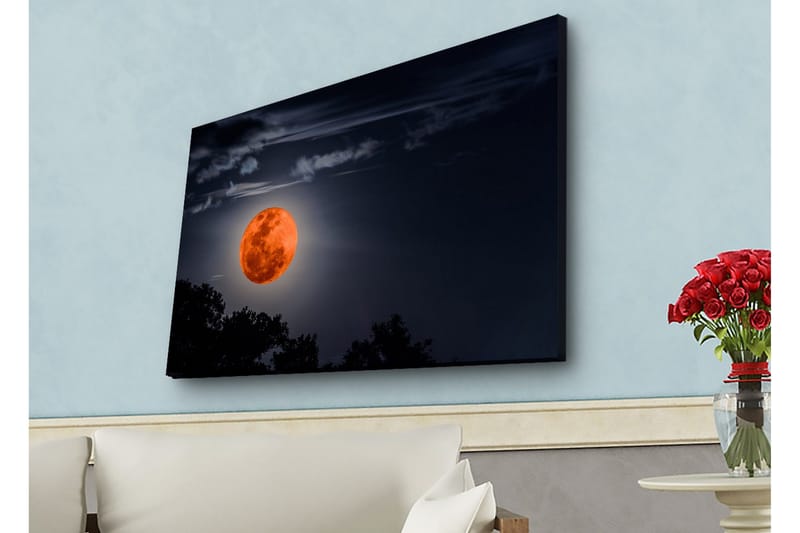 Canvas-taulu LED-valaistuksella - Upea kuu valaisee yötaivasta - Tummansininen / Oranssi / Musta - Sisustustuotteet - Taulu & taide - Canvas-taulu