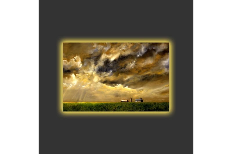 Canvas-taulu LED-valaistuksella - Upea maisemanäkymä dramaattisilla pilvillä ja maatila horisontissa - Kulta / Tummansininen / Vihreä - Sisustustuotteet - Taulu & taide - Canvas-taulu