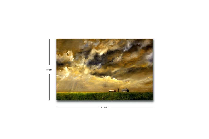 Canvas-taulu LED-valaistuksella - Upea maisemanäkymä dramaattisilla pilvillä ja maatila horisontissa - Kulta / Tummansininen / Vihreä - Sisustustuotteet - Taulu & taide - Canvas-taulu