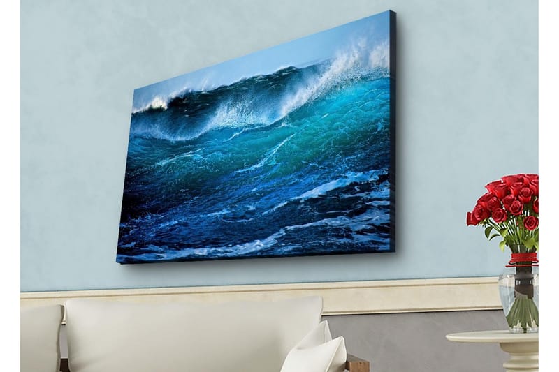 Canvas-taulu LED-valaistuksella - Upea meren aalto liikkeessä, Turkoosi / Tummansininen / Valkoinen