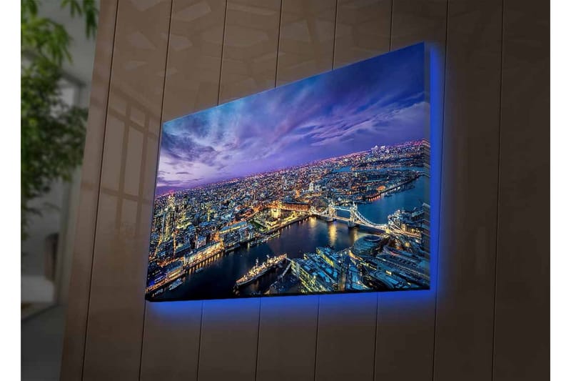 Canvas-taulu LED-valaistuksella - Upea näkymä kaupunkiin hämärässä jokien ja siltojen ympäröimänä - Tummansininen / Violetti / Kultainen - Sisustustuotteet - Taulu & taide - Canvas-taulu