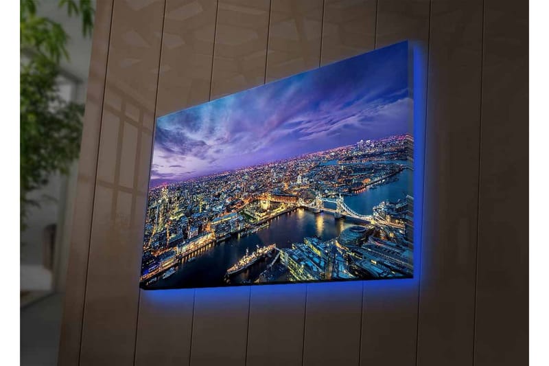 Canvas-taulu LED-valaistuksella - Upea näkymä kaupunkiin hämärässä jokien ja siltojen ympäröimänä - Tummansininen / Violetti / Kultainen - Sisustustuotteet - Taulu & taide - Canvas-taulu