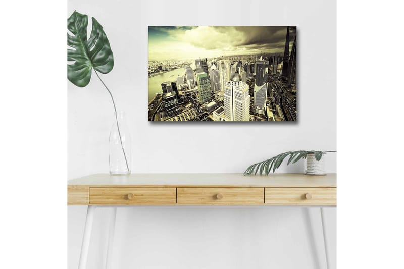 Canvas-taulu LED-valaistuksella - Upea näkymä kaupunkiin moderneine pilvenpiirtäjineen - Harmaa / Beige / Musta - Sisustustuotteet - Taulu & taide - Canvas-taulu