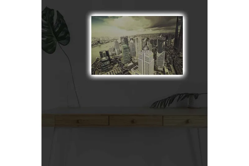 Canvas-taulu LED-valaistuksella - Upea näkymä kaupunkiin moderneine pilvenpiirtäjineen, Harmaa / Beige / Musta
