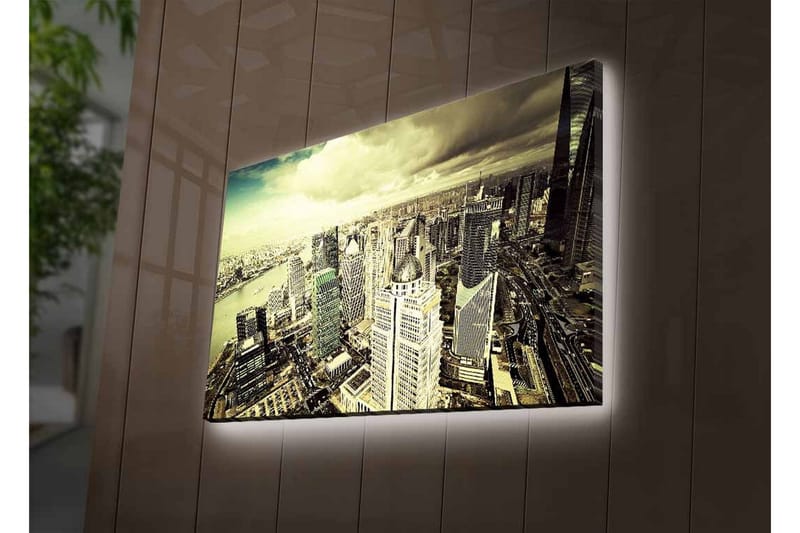 Canvas-taulu LED-valaistuksella - Upea näkymä kaupunkiin moderneine pilvenpiirtäjineen - Harmaa / Beige / Musta - Sisustustuotteet - Taulu & taide - Canvas-taulu