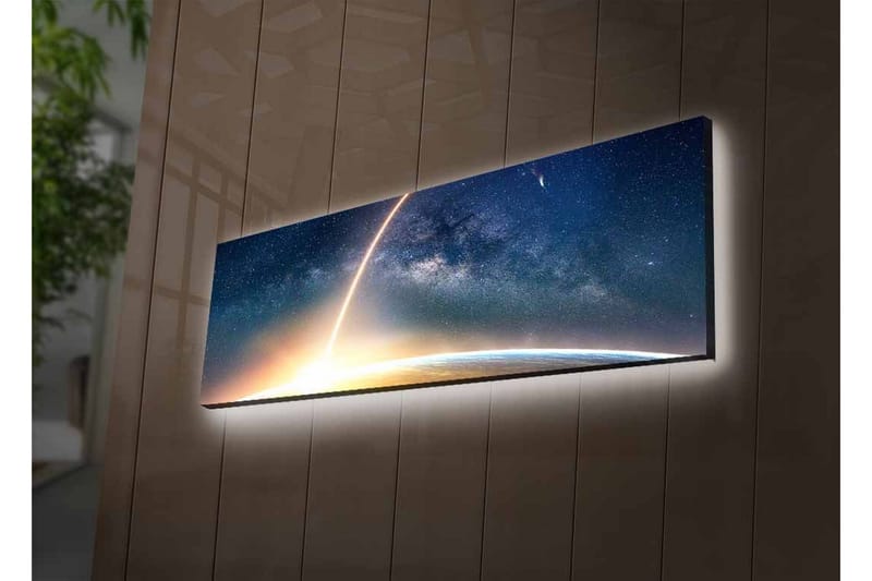 Canvas-taulu LED-valaistuksella - Upea näkymä maapalloon tähtitaivaalla ja kirkkaalla säteellä, joka ulottuu avaruuteen - Tummansininen / Vaaleanoranssi / Valkoinen - Sisustustuotteet - Taulu & taide - Canvas-taulu