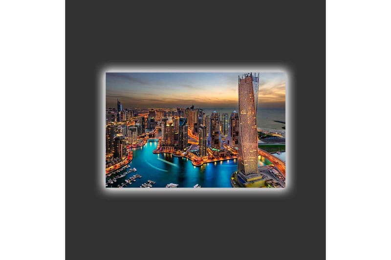 Canvas-taulu LED-valaistuksella - Upea näkymä moderniin kaupunkiin kimaltelevine pilvenpiirtäjineen ja mutkittelevine jokineen - Sininen / Oranssi / Harmaa - Sisustustuotteet - Taulu & taide - Canvas-taulu