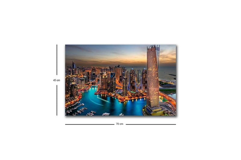 Canvas-taulu LED-valaistuksella - Upea näkymä moderniin kaupunkiin kimaltelevine pilvenpiirtäjineen ja mutkittelevine jokineen - Sininen / Oranssi / Harmaa - Sisustustuotteet - Taulu & taide - Canvas-taulu