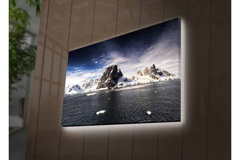 Canvas-taulu LED-valaistuksella - Upea vuorijono lumihuippuisine huippuineen peilimäisen järven rannalla - Tummansininen / Valkoinen / Harmaa - Sisustustuotteet - Taulu & taide - Canvas-taulu