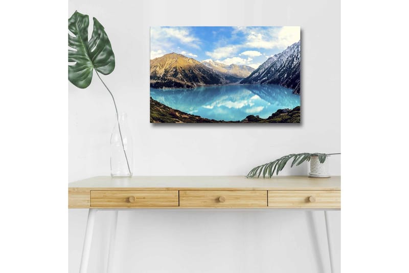 Canvas-taulu LED-valaistuksella - Upea vuoristojärvi peilimäisillä vesipinnoilla, Turkoosi / Vihreä / Ruskea