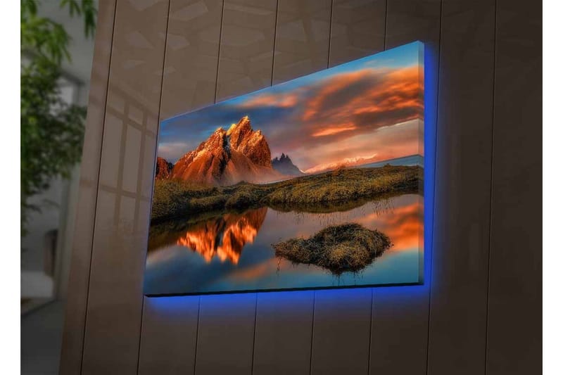 Canvas-taulu LED-valaistuksella - Upea vuoristomaisema heijastuksineen tyynessä järvessä - Oranssi / Sininen / Vihreä - Sisustustuotteet - Taulu & taide - Canvas-taulu