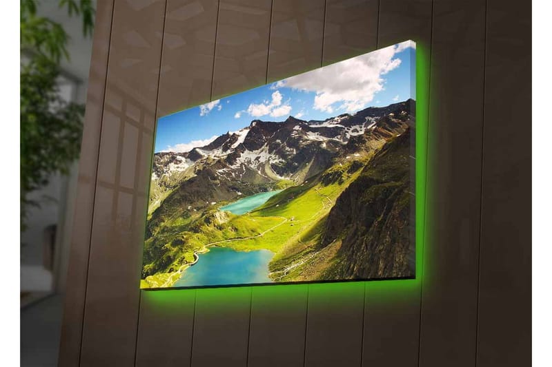 Canvas-taulu LED-valaistuksella - Upea vuoristomaisema kimaltelevalla järvellä ja rehevillä laaksoilla - Vihreä / Sininen / Valkoinen - Sisustustuotteet - Taulu & taide - Canvas-taulu