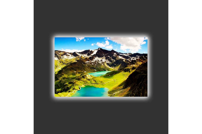 Canvas-taulu LED-valaistuksella - Upea vuoristomaisema kimaltelevine järvineen ja vihreine niittyineen - Vihreä / Sininen / Valkoinen - Sisustustuotteet - Taulu & taide - Canvas-taulu