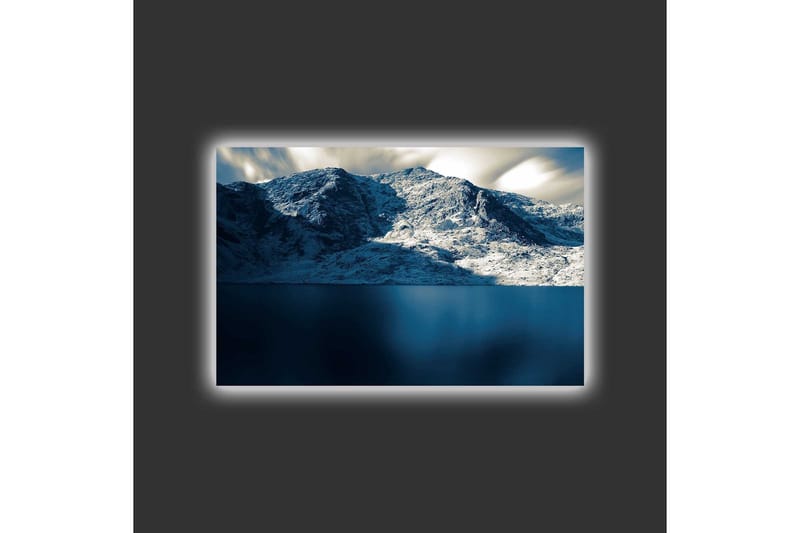 Canvas-taulu LED-valaistuksella - Upea vuoristomaisema lumihuippuisine vuorenhuippuineen ja peilimäisine vesipintoineen - Tummansininen / Valkoinen / Harmaa - Sisustustuotteet - Taulu & taide - Canvas-taulu