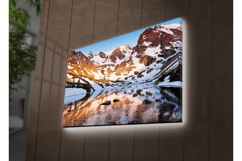 Canvas-taulu LED-valaistuksella - Upea vuoristomaisema peilimäisine järvineen ja lumihuippuisine vuorenhuippuineen - Sininen / Valkoinen / Kultainen - Sisustustuotteet - Taulu & taide - Canvas-taulu