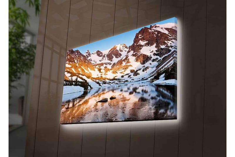Canvas-taulu LED-valaistuksella - Upea vuoristomaisema peilimäisine järvineen ja lumihuippuisine vuorenhuippuineen - Sininen / Valkoinen / Kultainen - Sisustustuotteet - Taulu & taide - Canvas-taulu