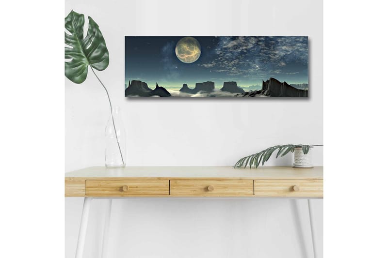 Canvas-taulu LED-valaistuksella - Upea yömaisema, jossa on suuri kuu ja dramaattisia kalliomuodostelmia - Tummansininen / Harmaa / Musta - Sisustustuotteet - Taulu & taide - Canvas-taulu