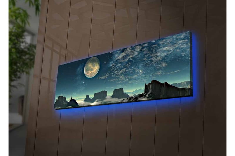 Canvas-taulu LED-valaistuksella - Upea yömaisema, jossa on suuri kuu ja dramaattisia kalliomuodostelmia - Tummansininen / Harmaa / Musta - Sisustustuotteet - Taulu & taide - Canvas-taulu