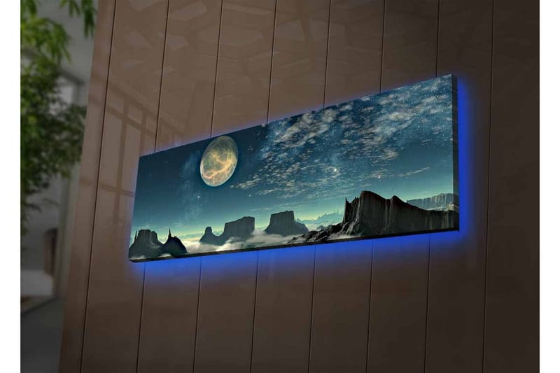 Canvas-taulu LED-valaistuksella - Upea yömaisema, jossa on suuri kuu ja dramaattisia kalliomuodostelmia - Tummansininen / Harmaa / Musta - Sisustustuotteet - Taulu & taide - Canvas-taulu