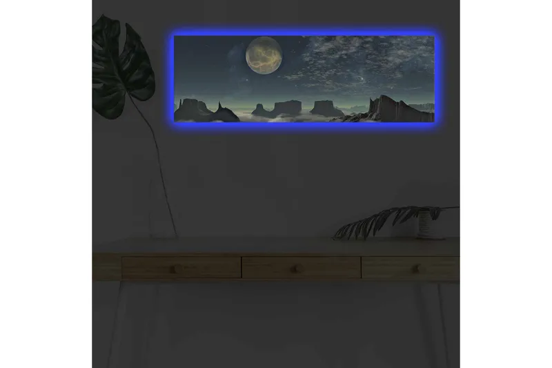 Canvas-taulu LED-valaistuksella - Upea yömaisema, jossa on suuri kuu ja dramaattisia kalliomuodostelmia, Tummansininen / Harmaa / Musta