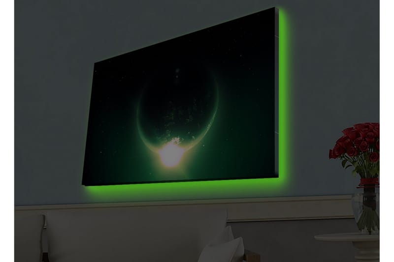 Canvas-taulu LED-valaistuksella - Upea planeetta valonsäteineen avaruuteen - Tummanvihreä / Musta / Vaaleanvihreä - Sisustustuotteet - Taulu & taide - Canvas-taulu