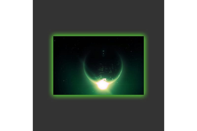 Canvas-taulu LED-valaistuksella - Upea planeetta valonsäteineen avaruuteen - Tummanvihreä / Musta / Vaaleanvihreä - Sisustustuotteet - Taulu & taide - Canvas-taulu