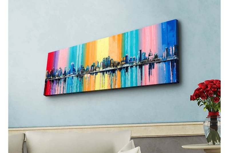 Canvas-taulu LED-valaistuksella - Värikäs kaupunkikuva horisontilla ja heijastuksilla vedessä - Sininen / Vaaleanpunainen / Oranssi - Sisustustuotteet - Taulu & taide - Canvas-taulu