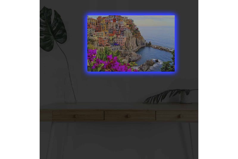 Canvas-taulu LED-valaistuksella - Värikäs rannikkokylä värikkäillä taloilla ja merinäköalalla - Violetti / Oranssi / Sininen - Sisustustuotteet - Taulu & taide - Canvas-taulu