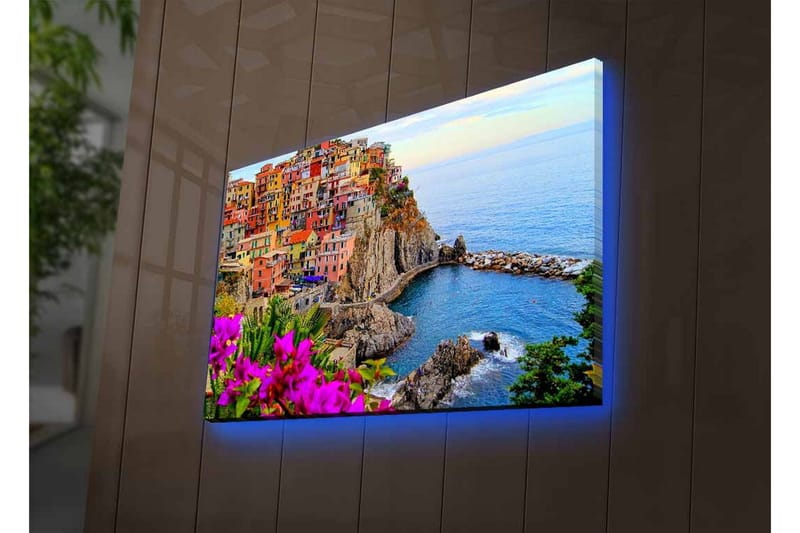 Canvas-taulu LED-valaistuksella - Värikäs rannikkokylä värikkäillä taloilla ja merinäköalalla - Violetti / Oranssi / Sininen - Sisustustuotteet - Taulu & taide - Canvas-taulu