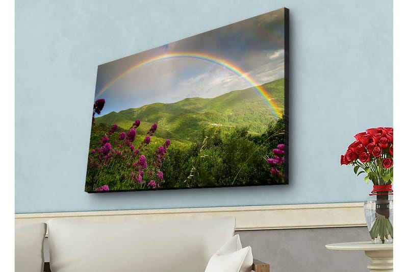 Canvas-taulu LED-valaistuksella - Värikäs sateenkaari vihreiden vuorten ja kukkien yllä - Vihreä / Violetti / Sininen - Sisustustuotteet - Taulu & taide - Canvas-taulu