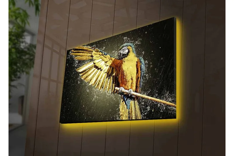 Canvas-taulu LED-valaistuksella - Värikäs papukaija ojennetuilla siivillä - Kulta / Sininen / Vihreä - Sisustustuotteet - Taulu & taide - Canvas-taulu