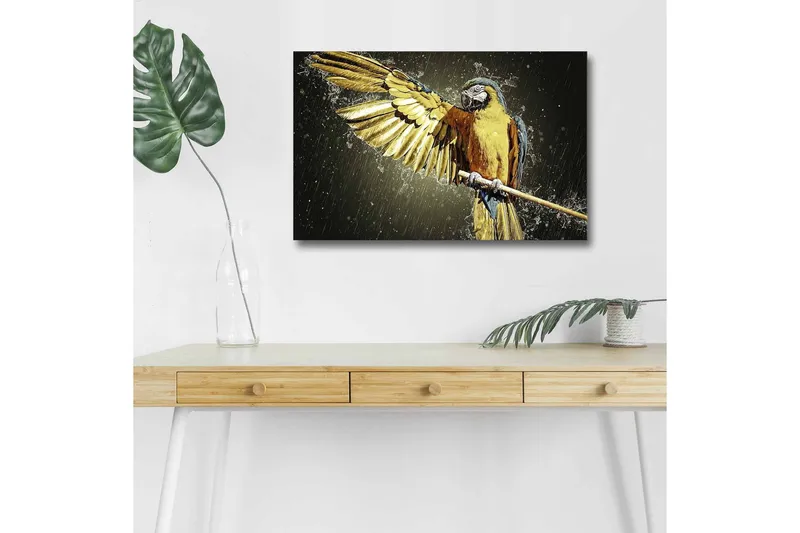 Canvas-taulu LED-valaistuksella - Värikäs papukaija ojennetuilla siivillä, Kulta / Sininen / Vihreä