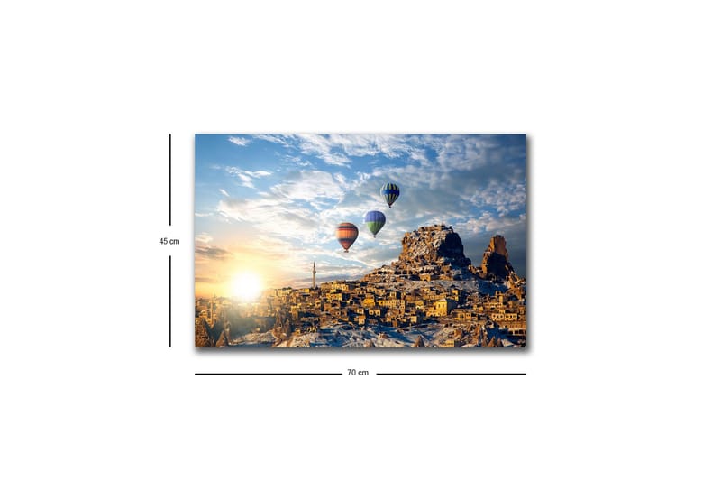 Canvas-taulu LED-valaistuksella - Värikkäät kuumailmapallot leijuvat vuoristoisen maiseman yllä auringonlaskun aikaan - Kulta / Sininen / Oranssi - Sisustustuotteet - Taulu & taide - Canvas-taulu