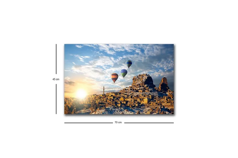 Canvas-taulu LED-valaistuksella - Värikkäät kuumailmapallot leijuvat vuoristoisen maiseman yllä auringonlaskun aikaan - Kulta / Sininen / Oranssi - Sisustustuotteet - Taulu & taide - Canvas-taulu