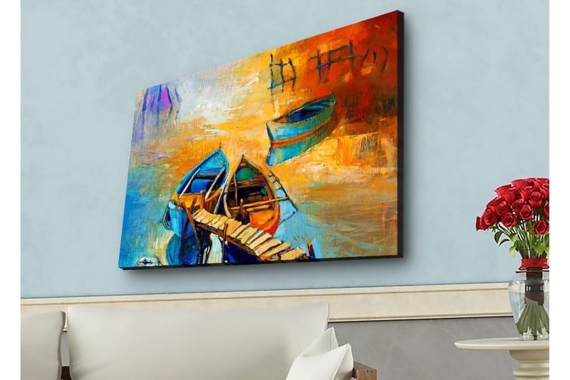 Canvas-taulu LED-valaistuksella - Värikkäitä veneitä laiturilla auringonlaskussa - Sininen / Oranssi / Keltainen - Sisustustuotteet - Taulu & taide - Canvas-taulu