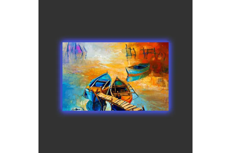 Canvas-taulu LED-valaistuksella - Värikkäitä veneitä laiturilla auringonlaskussa - Sininen / Oranssi / Keltainen - Sisustustuotteet - Taulu & taide - Canvas-taulu