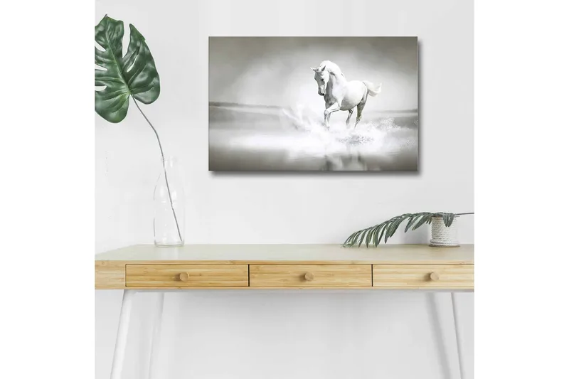 Canvas-taulu LED-valaistuksella - Valkoinen hevonen suihkuttaa vettä sumuisessa ympäristössä, Valkoinen / Harmaa