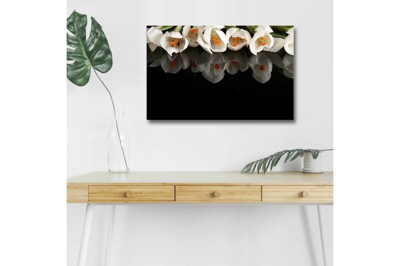 Canvas-taulu LED-valaistuksella - Valkoinen kukkakimppu heijastuksella mustalla taustalla, Valkoinen / Oranssi / Vihreä